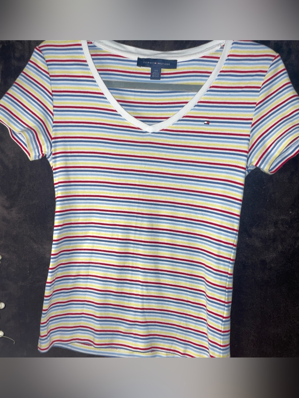 Tommy Hilfiger White V-Neck Tee with Red, Blue, Yellow & Green Stripes Size-sm